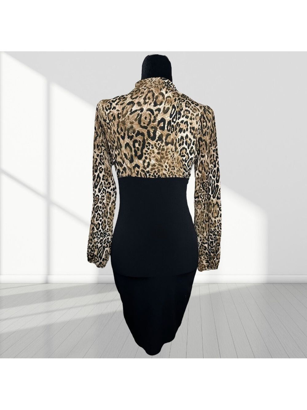Seduction Leopard Print Black Bodycon Dress Tie Neck Long Sleeve | Size Small - Picture 4 of 8